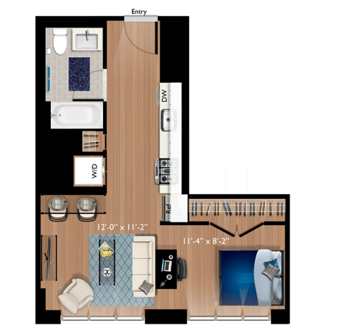Floor plan for studio, 1 bath, 523 sqft